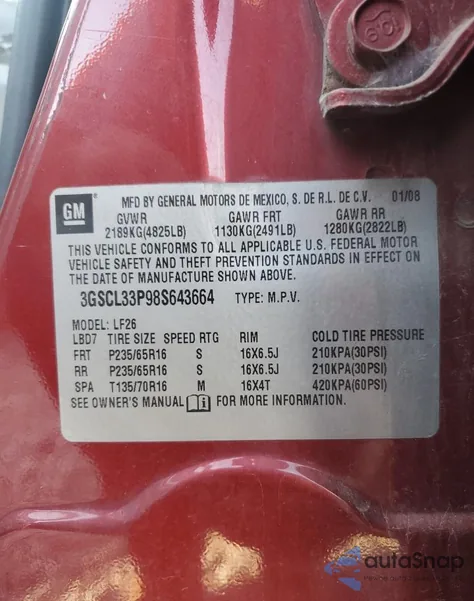 2008 Saturn Vue Xe from USA, damaged, VIN 3GSCL33P98S643664